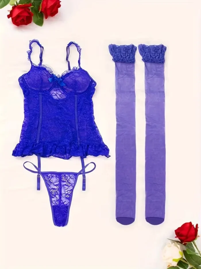 4 Pcs Lace Garter Corset Lingerie Set With Garter Belt & Thong & Stockings - Image 8