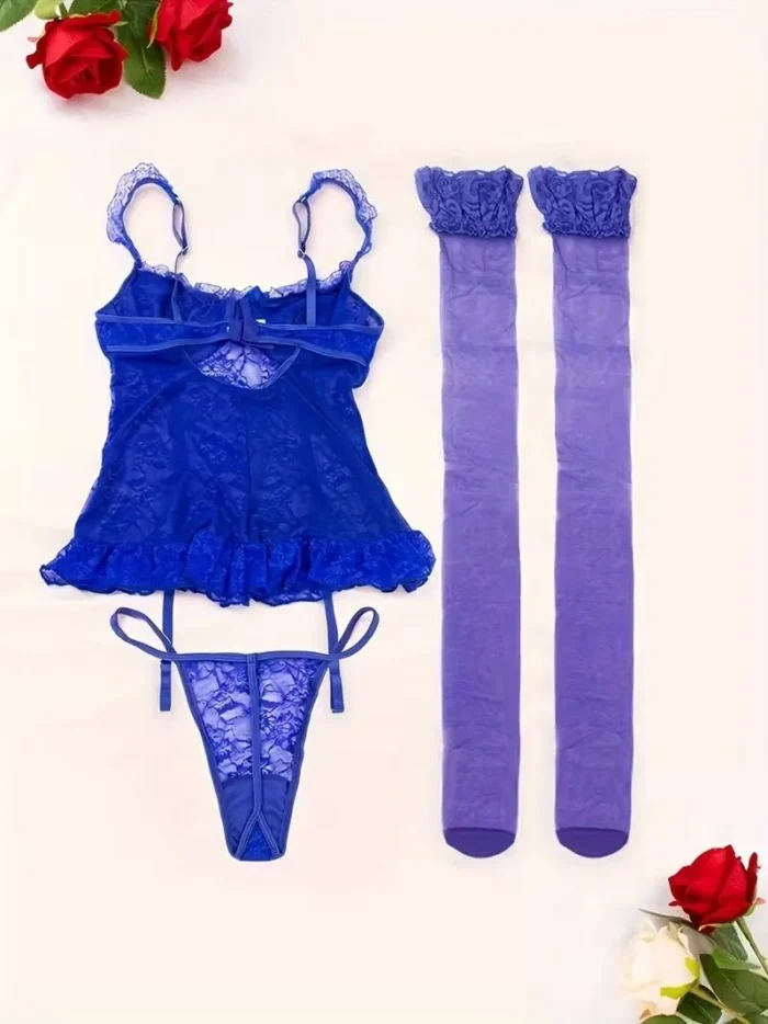 4 Pcs Lace Garter Corset Lingerie Set With Garter Belt & Thong & Stockings - Image 9