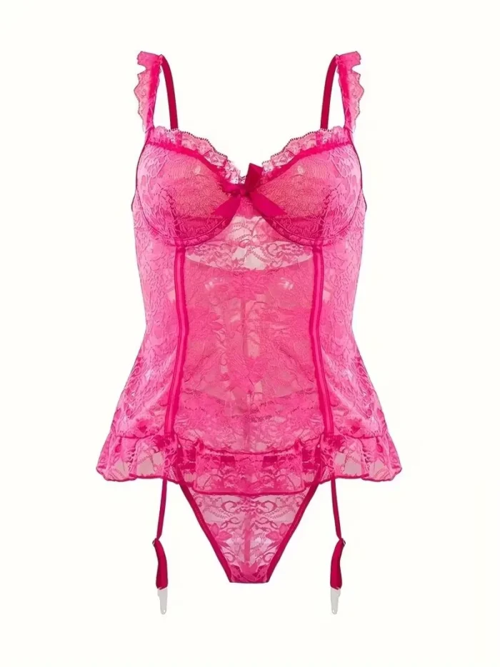 4 Pcs Lace Garter Corset Lingerie Set With Garter Belt & Thong & Stockings - Image 22