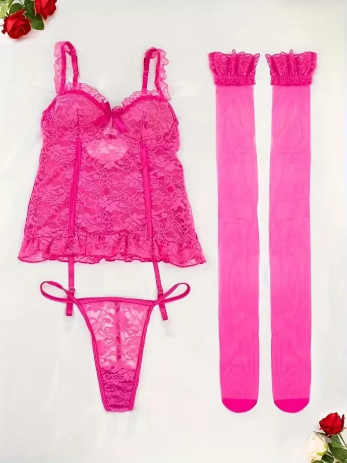 4 Pcs Lace Garter Corset Lingerie Set With Garter Belt & Thong & Stockings - Image 23