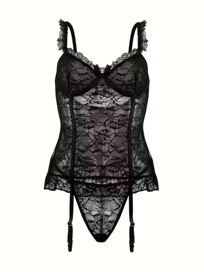 4 Pcs Lace Garter Corset Lingerie Set With Garter Belt & Thong & Stockings - Image 29
