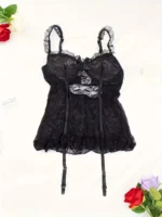 4 Pcs Lace Garter Corset Lingerie Set With Garter Belt & Thong & Stockings - Image 32