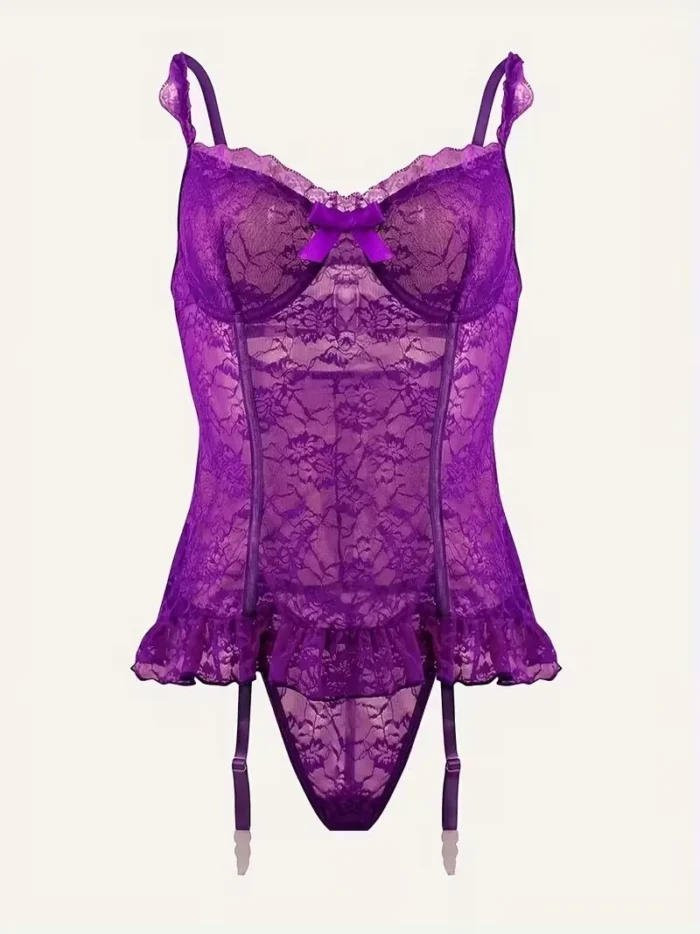 4 Pcs Lace Garter Corset Lingerie Set With Garter Belt & Thong & Stockings - Image 14