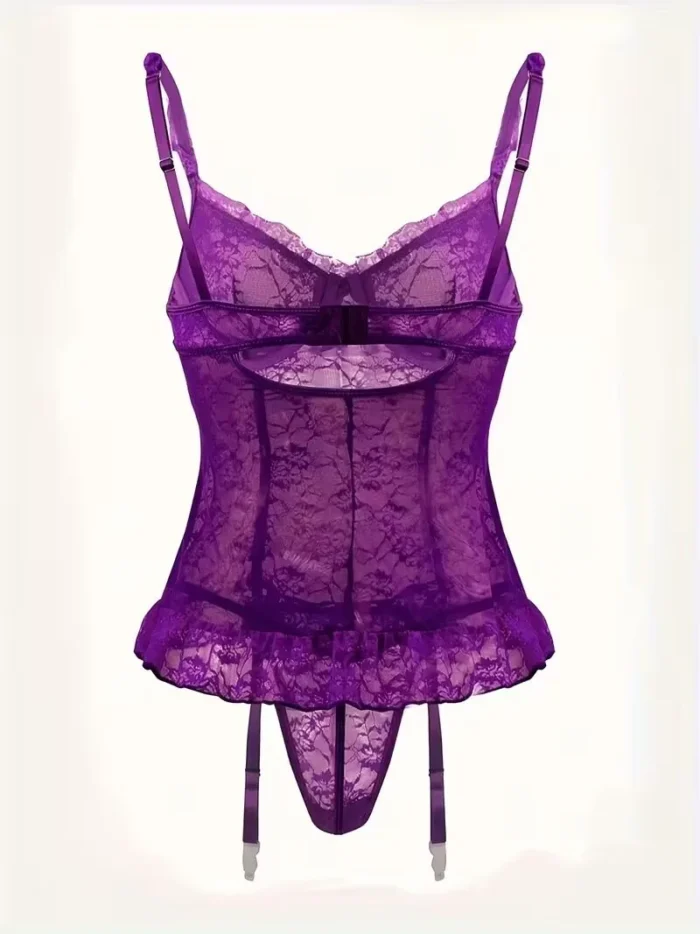 4 Pcs Lace Garter Corset Lingerie Set With Garter Belt & Thong & Stockings - Image 15