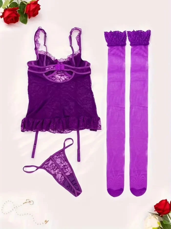 4 Pcs Lace Garter Corset Lingerie Set With Garter Belt & Thong & Stockings - Image 17