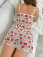Contrast Color Lips Lace See-Through Back Nightgown Lingerie Dress Set - Image 9