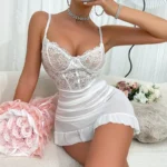 Sexy Sheer Mesh Lace Babydoll Lingerie Set With Thong For Honeymoon Bridal Shower