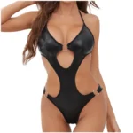 Hollow-out Halter Backless Bodysuit Black PU Leather Teddy Lingeries - Image 5