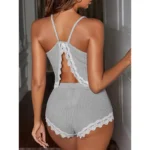 Cozy Lace-Trim Ribbed Cami Shorts Pajamas Set – Grey - Image 3