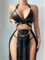 Sparkling Chain Detail Sheer Halter Nightdress – Black - Image 4