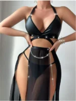 Sparkling Chain Detail Sheer Halter Nightdress – Black - Image 6