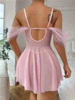 3D Floral Embroidered Sheer Babydoll Dress Set – Pink - Image 3