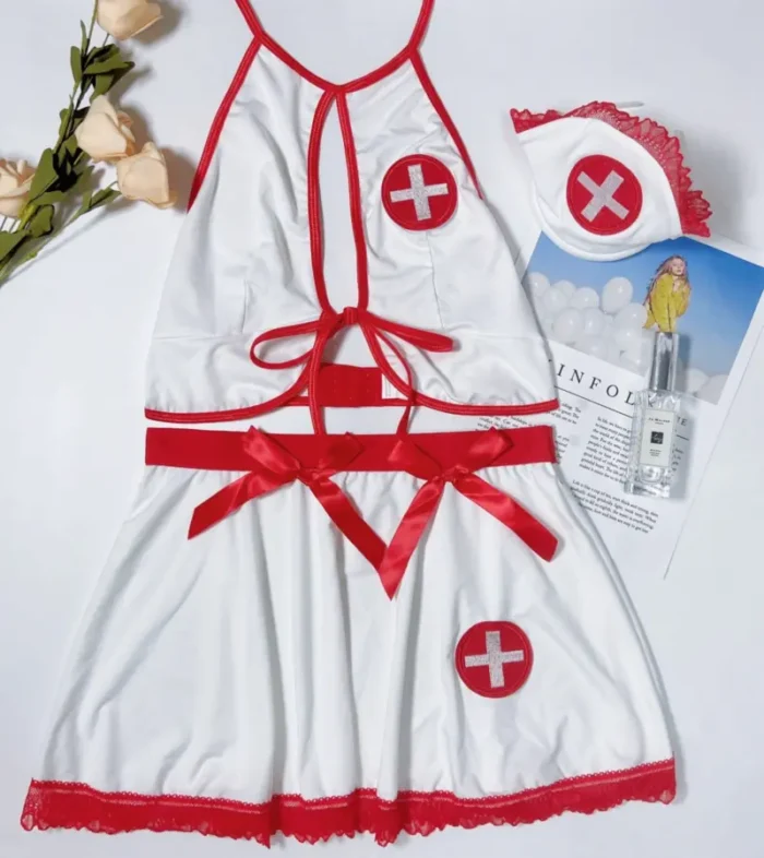 Sexy Nurse Costume Lingerie Set with Mini Skirt & Hat – White/Red - Image 7