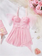 3D Floral Embroidered Sheer Babydoll Dress Set – Pink - Image 6