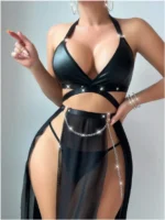 Sparkling Chain Detail Sheer Halter Nightdress – Black - Image 5