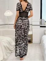 Sexy Lace Waist-Cinched Leopard Print Backless Nightgown With Thong Lingerie Set - Image 3