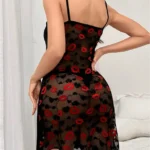 Contrast Color Lips Lace See-Through Back Nightgown Lingerie Dress Set