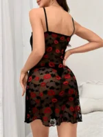 Contrast Color Lips Lace See-Through Back Nightgown Lingerie Dress Set