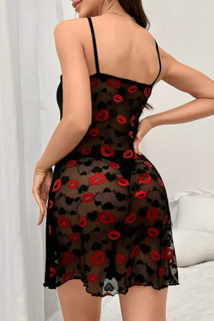Contrast Color Lips Lace See-Through Back Nightgown Lingerie Dress Set