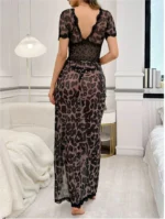 Sexy Lace Waist-Cinched Leopard Print Backless Nightgown With Thong Lingerie Set - Image 9