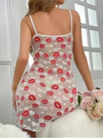 Contrast Color Lips Lace See-Through Back Nightgown Lingerie Dress Set - Image 12