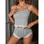 Cozy Lace-Trim Ribbed Cami Shorts Pajamas Set – Grey - Image 4
