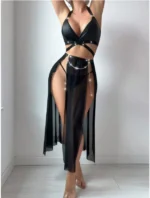Sparkling Chain Detail Sheer Halter Nightdress – Black