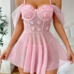 3D Floral Embroidered Sheer Babydoll Dress Set – Pink