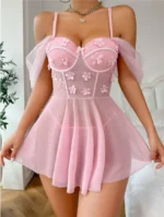 3D Floral Embroidered Sheer Babydoll Dress Set – Pink