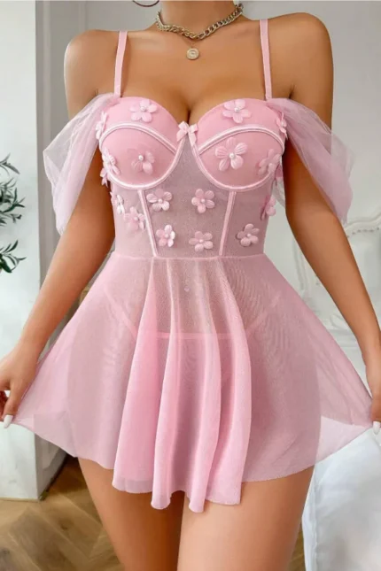 3D Floral Embroidered Sheer Babydoll Dress Set – Pink