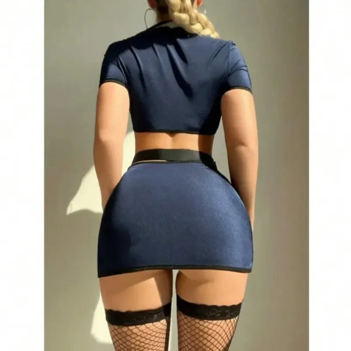 Naughty Police Officer Cosplay Lingerie Set with Mini Skirt – Navy Blue - Image 3