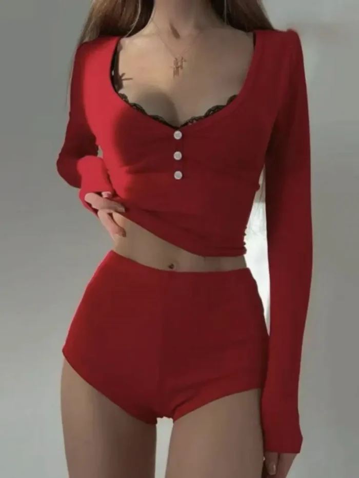 Cozy Ribbed Long Sleeve Top & Shorts Pajama Set – Soft Lounge Sleepwear - Image 10