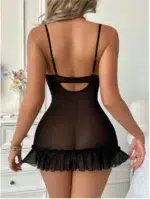Sheer Mesh Embroidered Mini Dress Babydoll Lingerie – Strappy Lace Nightwear with Ruffle Hem - Image 8