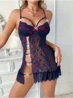 Sheer Mesh Embroidered Mini Dress Babydoll Lingerie – Strappy Lace Nightwear with Ruffle Hem - Image 17