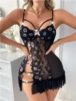 Sheer Mesh Embroidered Mini Dress Babydoll Lingerie – Strappy Lace Nightwear with Ruffle Hem - Image 6