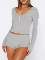 Cozy Ribbed Long Sleeve Top & Shorts Pajama Set – Soft Lounge Sleepwear - Image 4