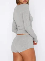 Cozy Ribbed Long Sleeve Top & Shorts Pajama Set – Soft Lounge Sleepwear - Image 6