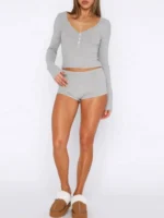 Cozy Ribbed Long Sleeve Top & Shorts Pajama Set – Soft Lounge Sleepwear - Image 7