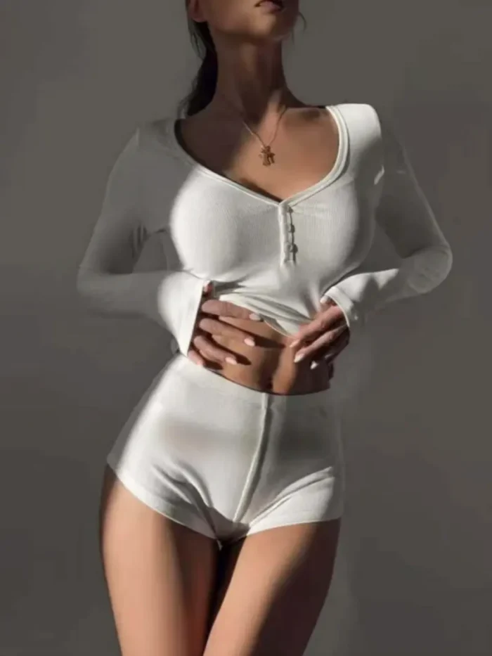 Cozy Ribbed Long Sleeve Top & Shorts Pajama Set – Soft Lounge Sleepwear - Image 9