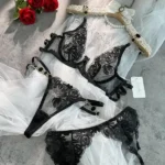 Black Floral Lace 3-Piece Lingerie Set with Garter Belt – Sexy Bra, Panty & Suspender Set - Image 9