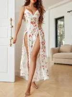 Lace Mesh Chemise Nightdress With Thong 2Pcs Sexy Lingerie Set