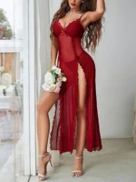 Lace Mesh Chemise Nightdress With Thong 2Pcs Sexy Lingerie Set - Image 12