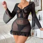 Sheer Lace Mesh Mini Dress Set – Elegant Long Sleeve See-through Nightwear - Image 4