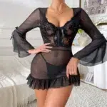 Sheer Lace Mesh Mini Dress Set – Elegant Long Sleeve See-through Nightwear - Image 6