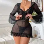 Sheer Lace Mesh Mini Dress Set – Elegant Long Sleeve See-through Nightwear - Image 5