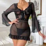 Sheer Lace Mesh Mini Dress Set – Elegant Long Sleeve See-through Nightwear