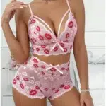 Embroidered Lace Bralette & High-Waisted Panty Set – Pink Mesh Lingerie with Bow Detail