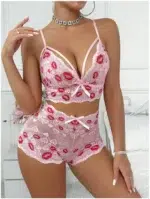 Embroidered Lace Bralette & High-Waisted Panty Set – Pink Mesh Lingerie with Bow Detail