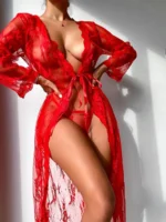 Allure Sheer Floral Lace Robe Set – Black/Red - Image 4