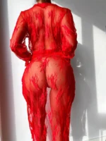 Allure Sheer Floral Lace Robe Set – Black/Red - Image 5